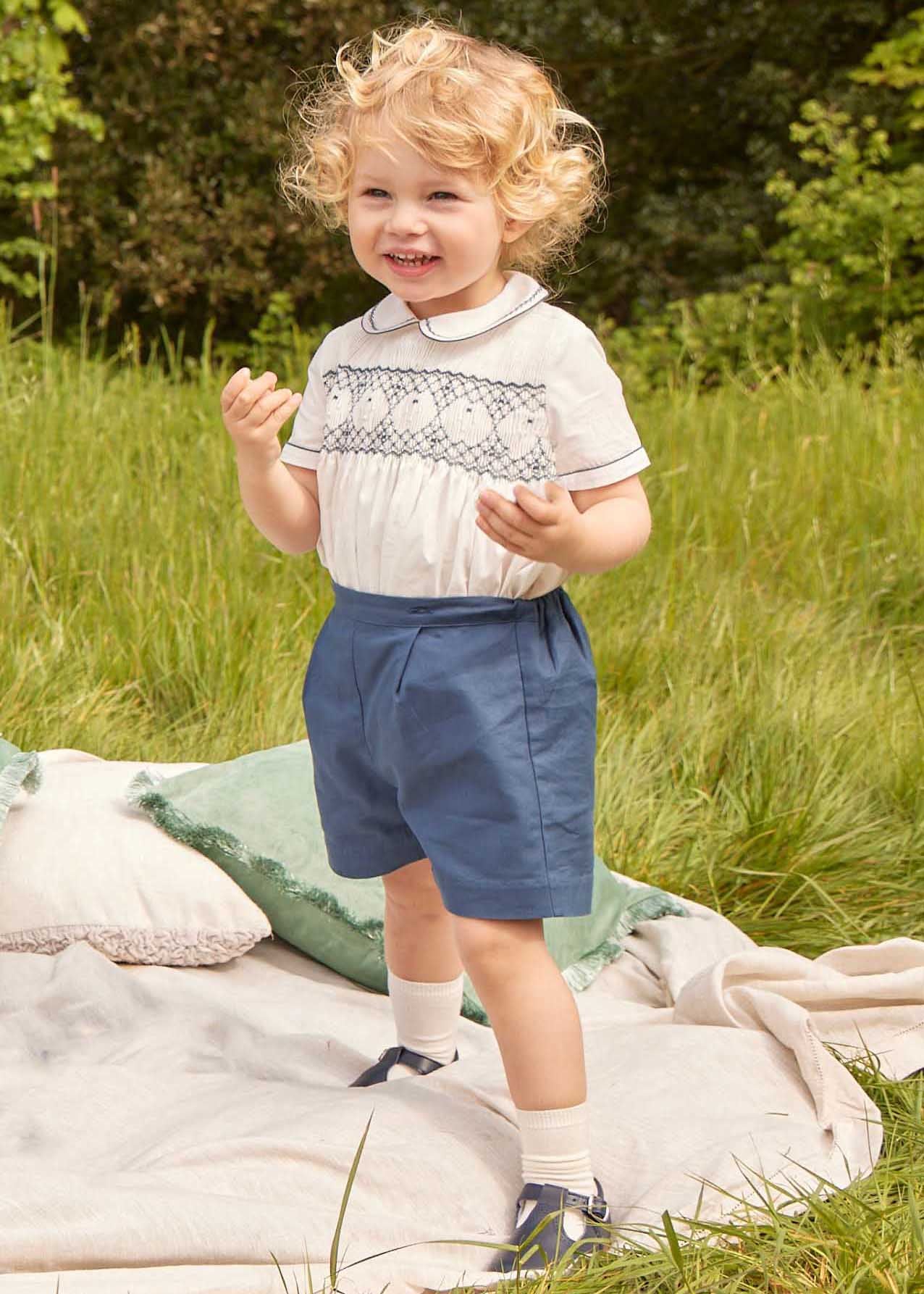 Hand Smocked Short Sleeve Two Piece Set in Royal Blue (18mths-5yrs) Two Piece Set from Pepa London US