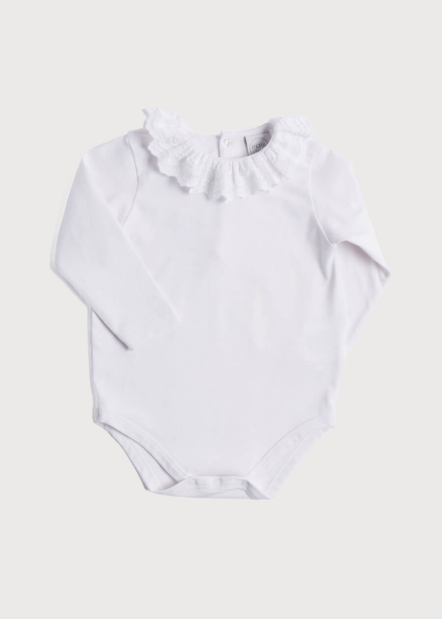 Frill Collar Long Sleeve Bodysuit in White (0mths-3yrs) Tops & Bodysuits from Pepa London US