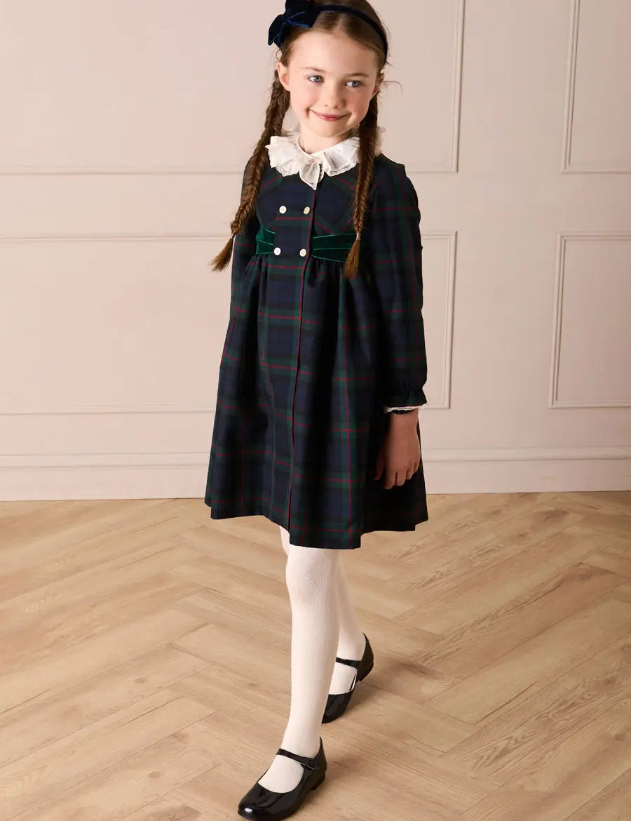 Kinnerton Tartan Double Breasted Velvet Bow Dress in Green (12mths-12yrs) Dresses from Pepa London US