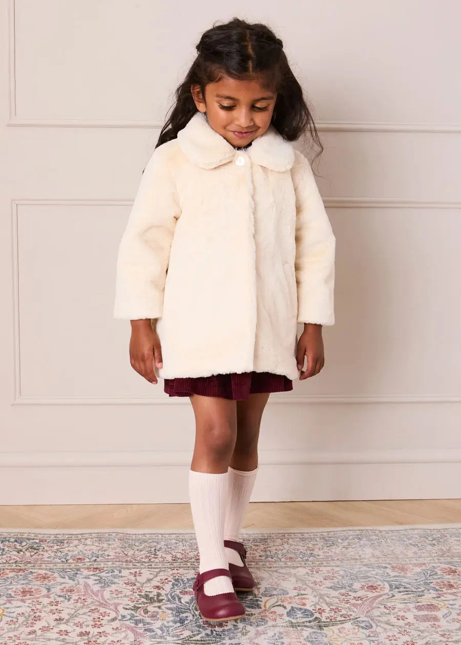 Faux Fur Pocket Detail Nellie Floral Lined Coat in Cream (2-10yrs) Coats from Pepa London US