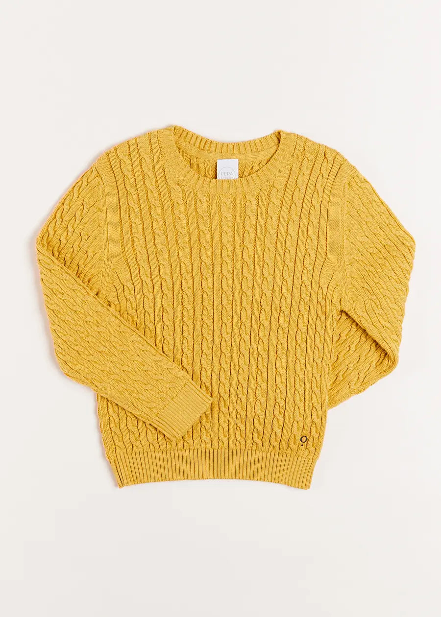 Cable Knit Crew Neck Jumper in Mustard (2-10yrs) Knitwear from Pepa London US