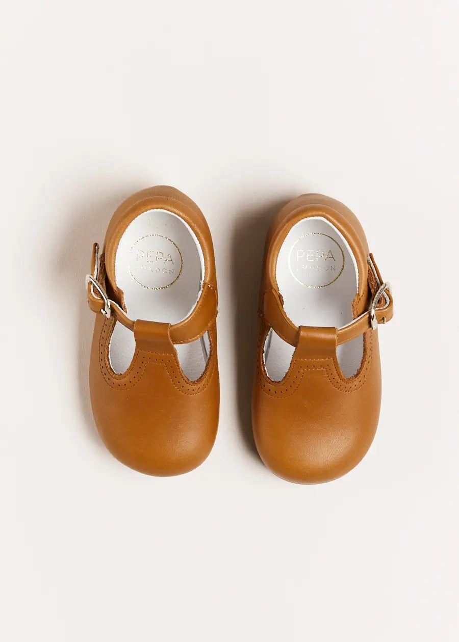 Leather T-Bar Baby Shoes in Brown (20-26EU) Shoes from Pepa London US