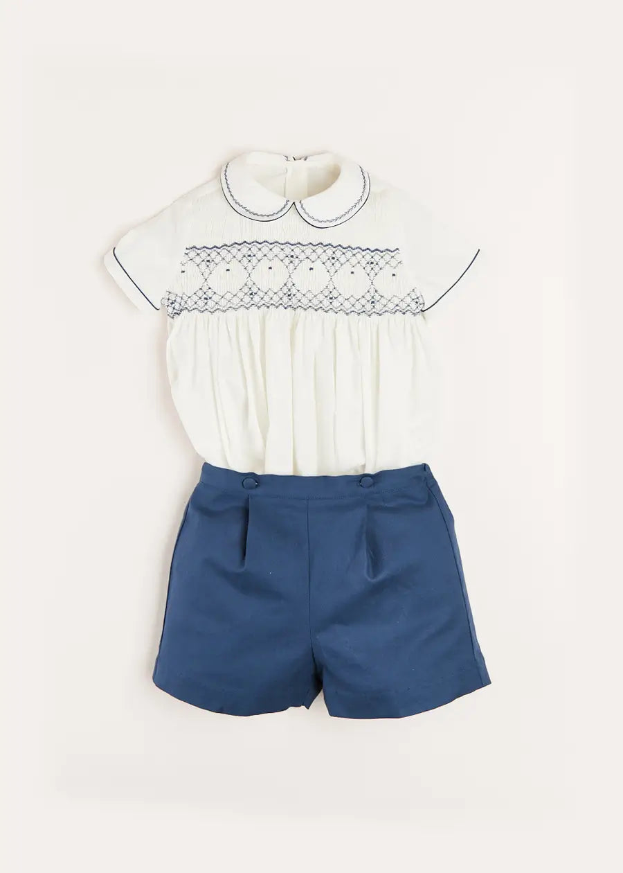Hand Smocked Short Sleeve Two Piece Set in Royal Blue (18mths-5yrs) Two Piece Set from Pepa London US