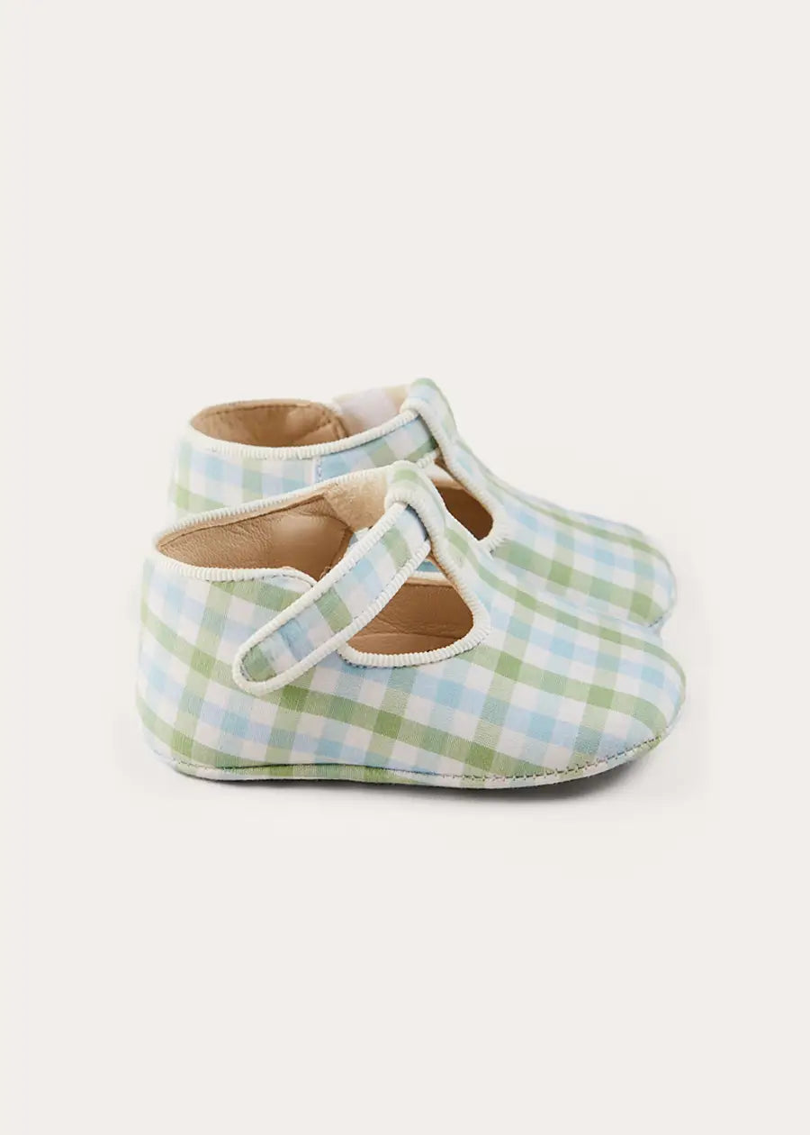 Maxwell Gingham T-Bar Pram Shoes in Green (17-20EU) SHOES from Pepa London US