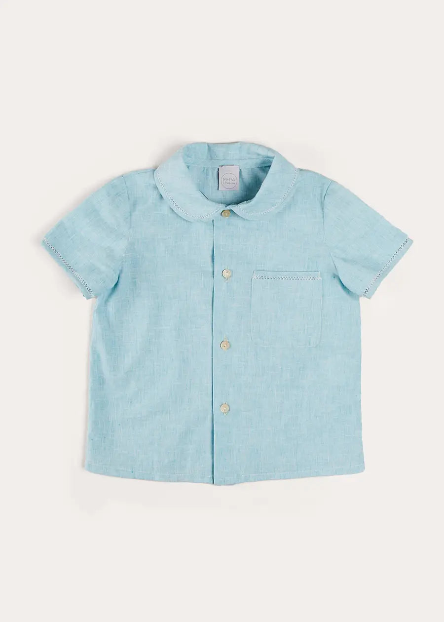 Peter Pan Collar Trim Detail Short Sleeve Shirt in Blue (12mths-5yrs) SHIRTS from Pepa London US