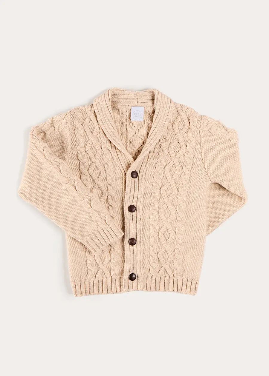 Cable Knit Shawl Neck Cardigan in Camel (2-10yrs) Knitwear from Pepa London US