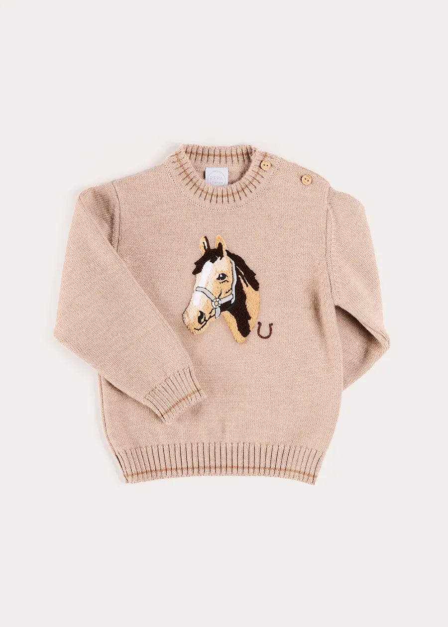 Horse Embroidered Button Detail Jumper in Beige (18mths-10yrs) Knitwear from Pepa London US
