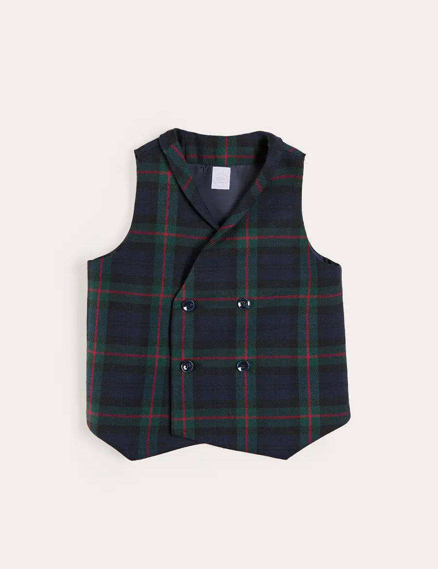 Kinnerton Tartan Double Breasted Waist Coat Vest in Green (4-10yrs) Coats from Pepa London US