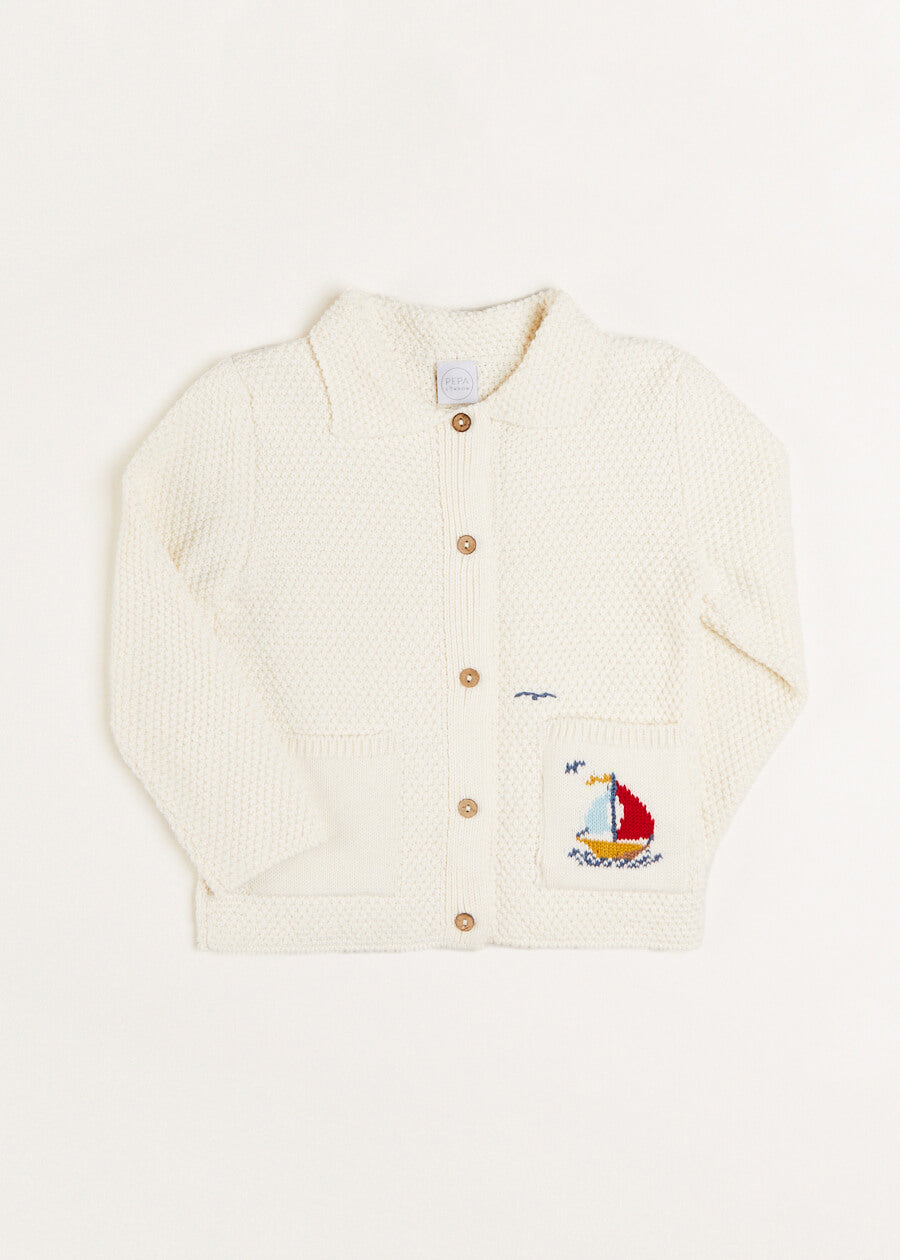 Nautical Boat Embroidery Polo Collar Cardigan in Cream (12mths-6yrs) Knitwear from Pepa London US