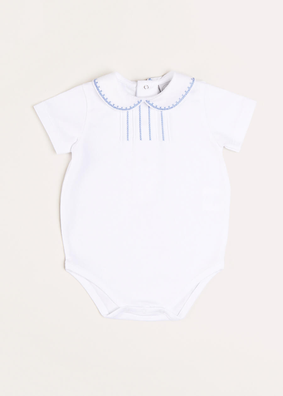 Peter Pan Collar Embroidered Detail Short Sleeve Bodysuit in Blue (3mths-3yrs) Tops & Bodysuits from Pepa London US
