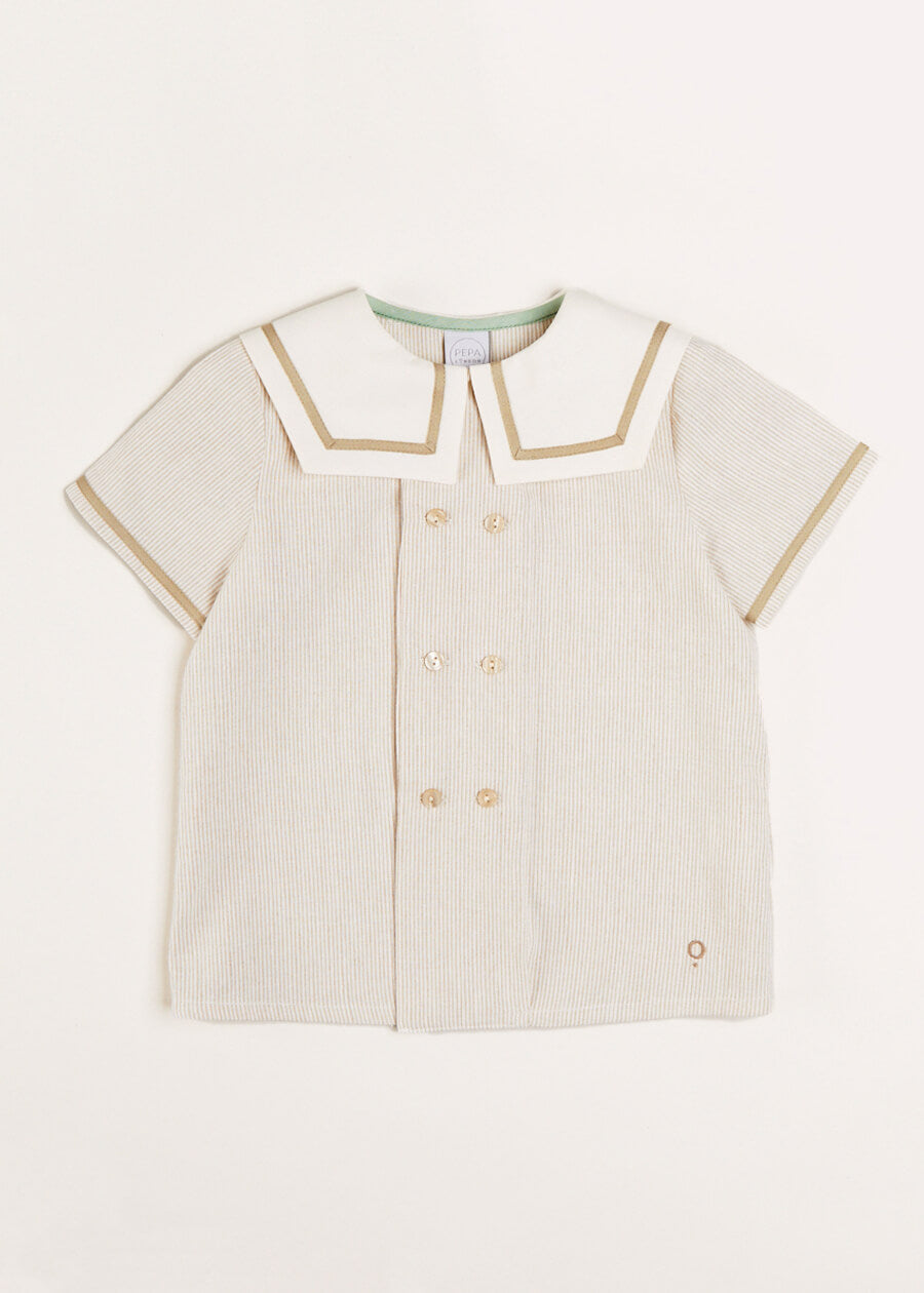 Striped Mariner Collar Short Sleeve Shirt in Beige (12mths-6yrs) Shirts from Pepa London US
