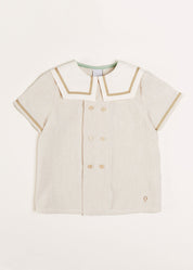Striped Mariner Collar Short Sleeve Shirt in Beige (12mths-6yrs) Shirts from Pepa London US