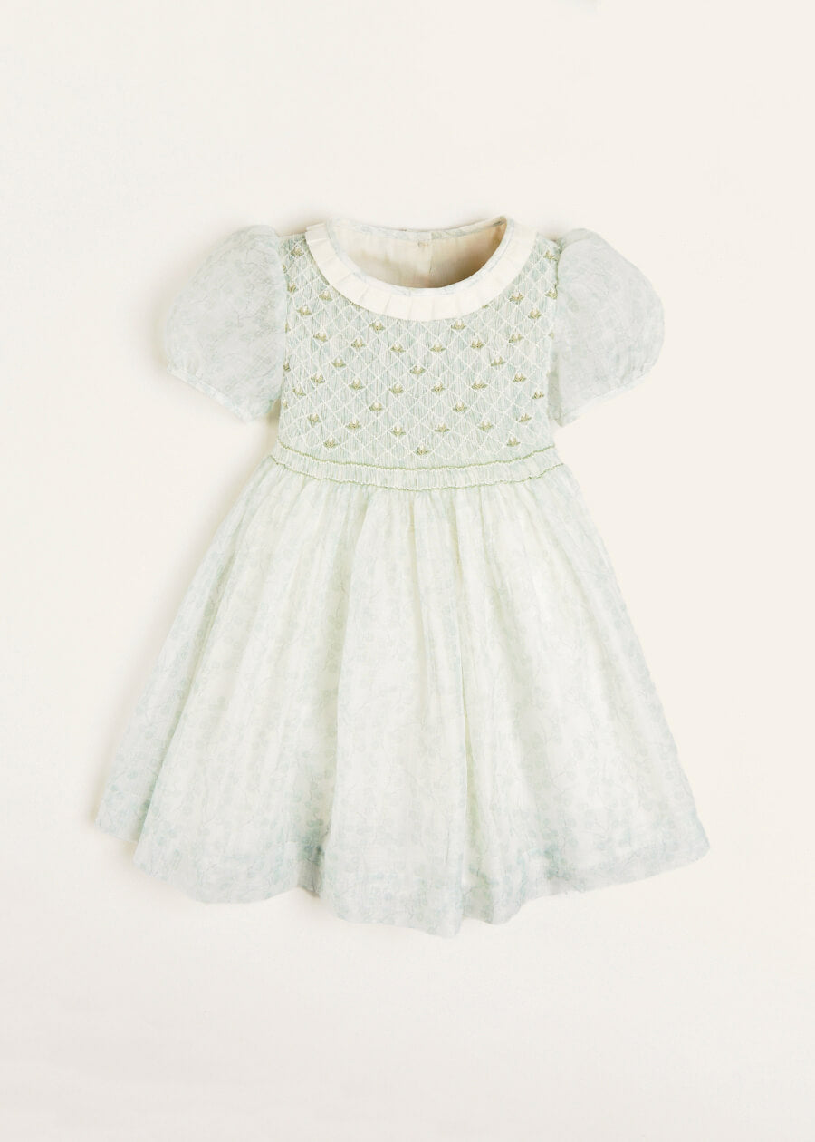 Constance Floral Print Hand Smocked Short Sleeve Party Dress in Light Green (12m-10yrs) Dresses from Pepa London US