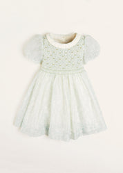 Constance Floral Print Hand Smocked Short Sleeve Party Dress in Light Green (12m-10yrs) Dresses from Pepa London US