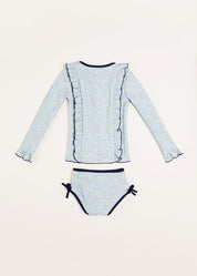 Matilda Floral Print Ruffle Trim Long Sleeve Swim Set in Blue (12mths-6yrs) Swimwear from Pepa London US