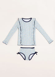 Matilda Floral Print Ruffle Trim Long Sleeve Swim Set in Blue (12mths-6yrs) Swimwear from Pepa London US