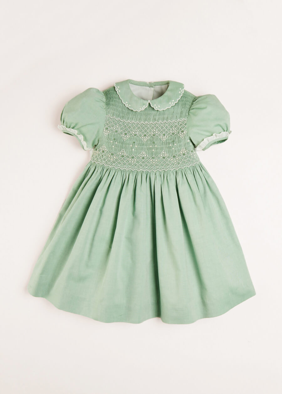 Hand Smocked Peter Pan Collar Short Sleeve Dress in Green (12mths-10yrs) Dresses from Pepa London US