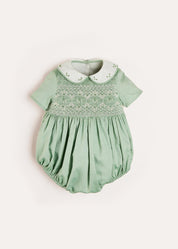 Peter Pan Collar Hand Smocked Short Sleeve Romper in Green (3mths-2yrs) Rompers from Pepa London US