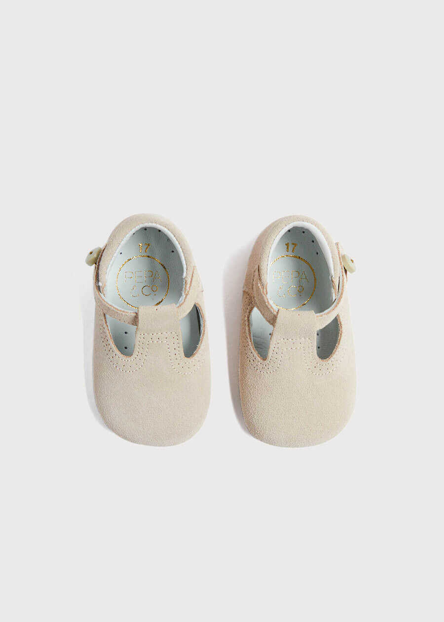 Suede T-Bar Pram Shoes in Beige (17-20EU) Shoes from Pepa London US