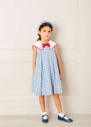 Embroidered Gingham Sleeveless Dress in Blue (12mths-12yrs) Dresses from Pepa London US