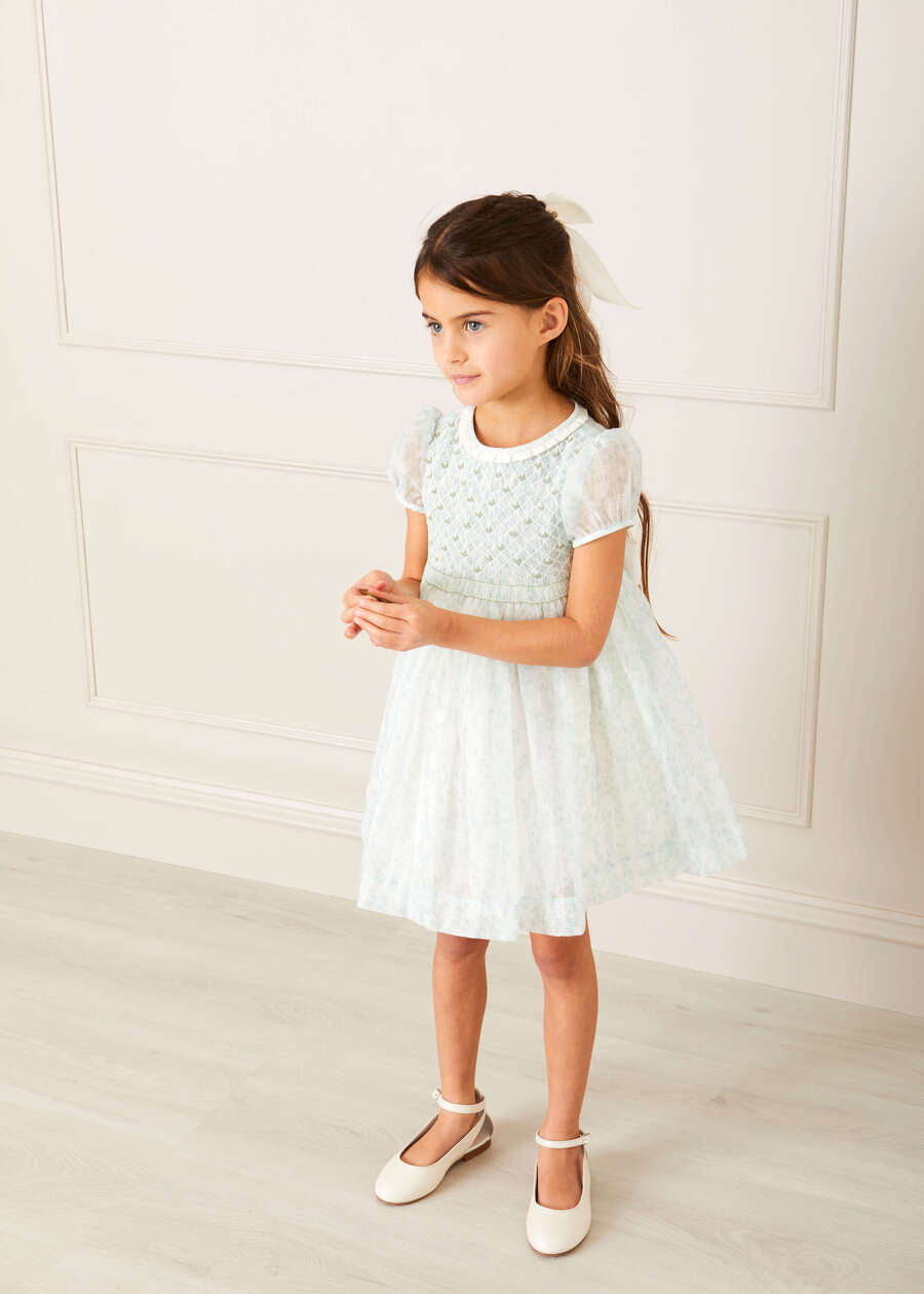 Constance Floral Print Hand Smocked Short Sleeve Party Dress in Light Green (12m-10yrs) Dresses from Pepa London US