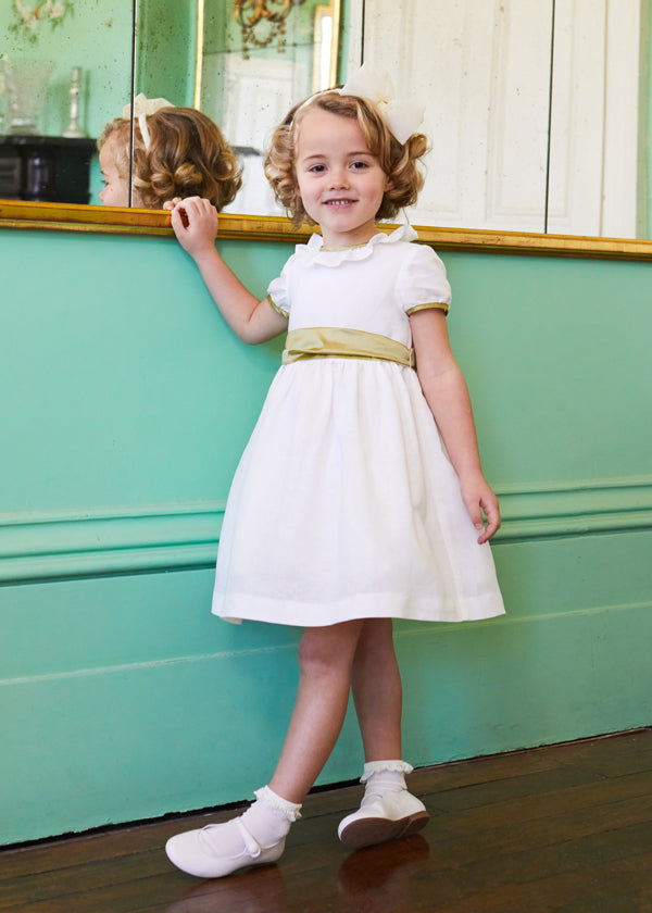 Flower Girl Ivory Dress with Green Silk Sash (6mths-10yrs) Dresses from Pepa London US