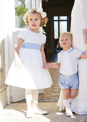 Flower Girl Ivory Dress with Blue Silk Sash (6mths-10yrs) Dresses from Pepa London US