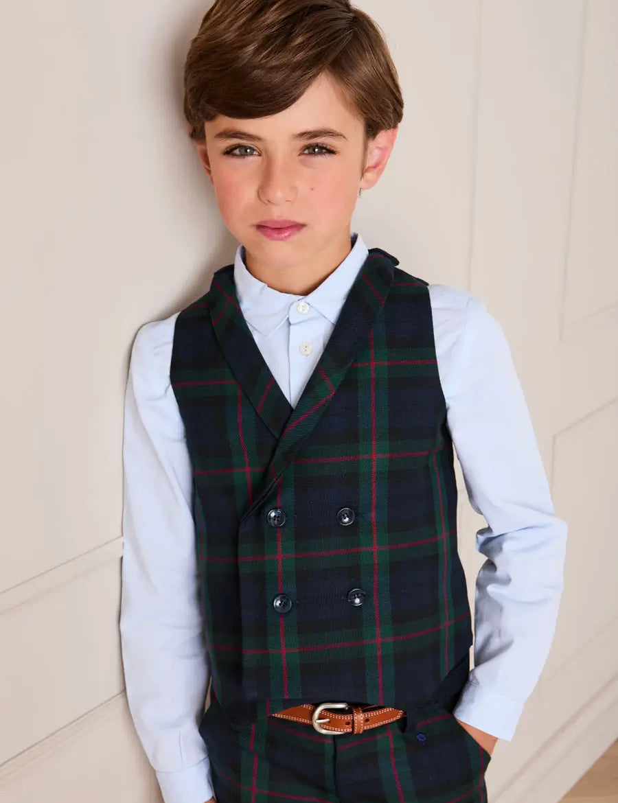 Kinnerton Tartan Double Breasted Waist Coat Vest in Green (4-10yrs) Coats from Pepa London US