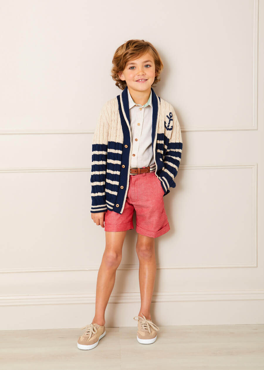 Anchor Motif Striped Cable Knit Cardigan in Navy (2-10yrs) Knitwear from Pepa London US