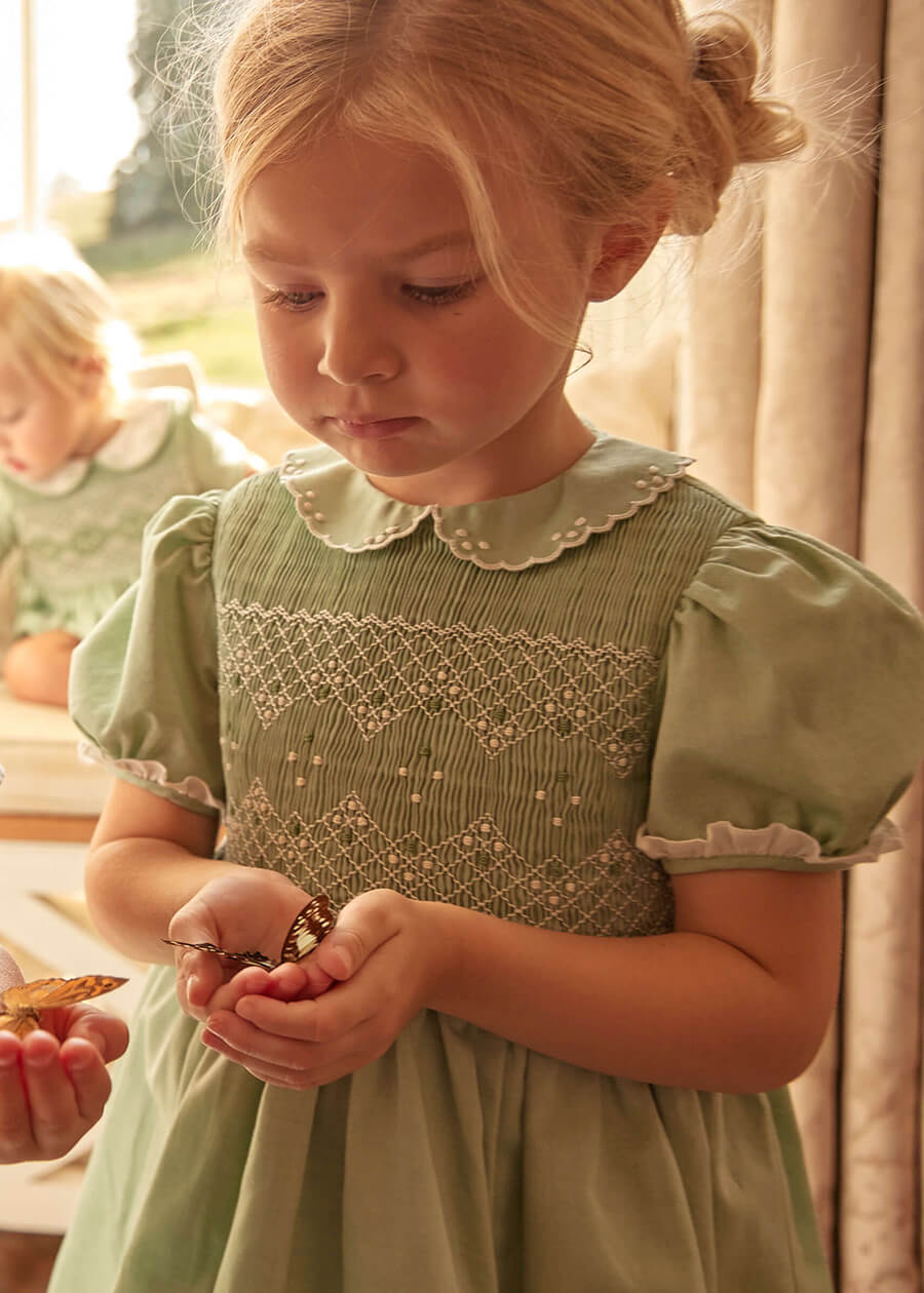 Hand Smocked Peter Pan Collar Short Sleeve Dress in Green (12mths-10yrs) Dresses from Pepa London US
