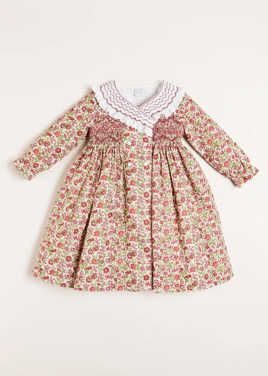 Daphne Floral Hand Smocked Doublebrested Dress in Pink | Pepa London ...