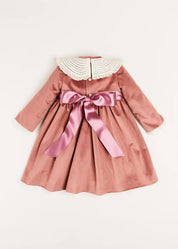 Velvet Handmade Collar Long Sleeve Dress in Pink (2-10yrs) Dresses from Pepa London US
