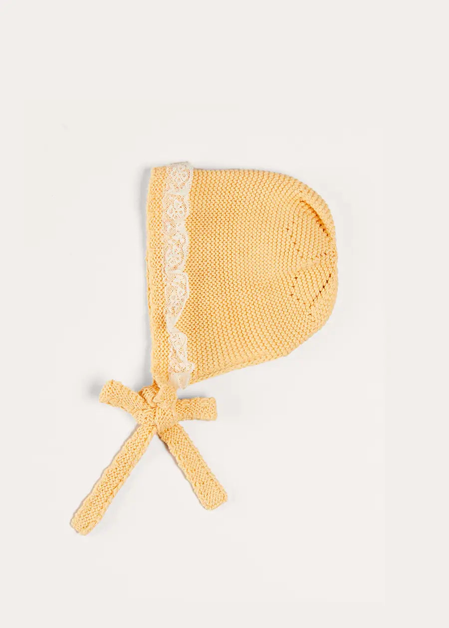 Lace Detail Knitted Bonnet in Tangerine (1-12mths) BONNETS from Pepa London US