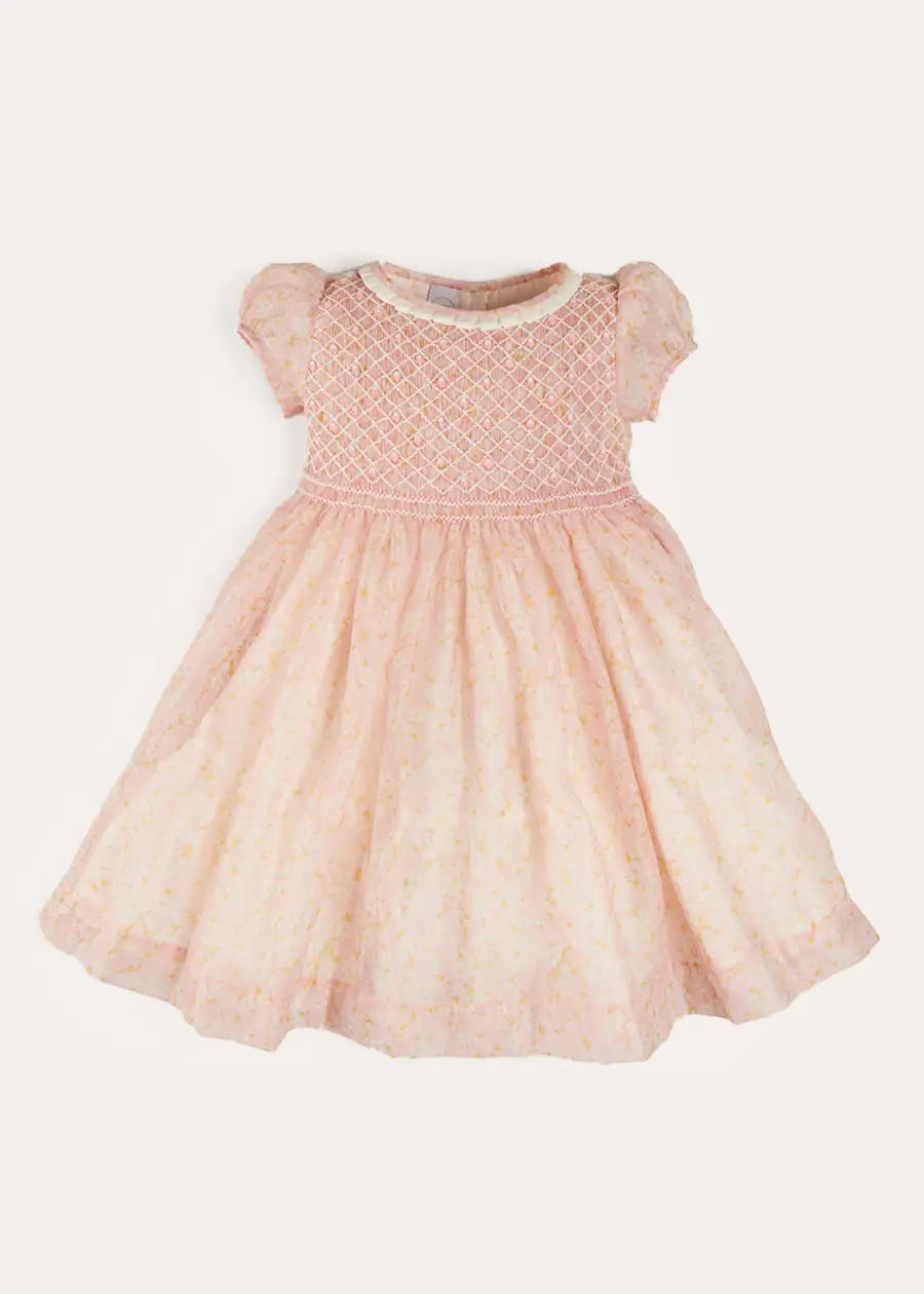 Constance Floral Hand Smocked Short Sleeve Party Dress in Pink (12mths-10yrs) DRESSES from Pepa London US