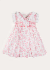 Audrey Toile Hand Smocked Double Breasted Sleeveless Dress in Pink (12mths-10yrs) DRESSES from Pepa London US
