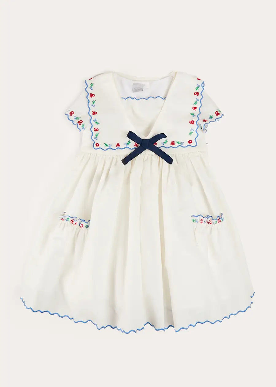 Embroidered Mariner Collar Short Sleeve Dress in White (12mths-10yrs) DRESSES from Pepa London US