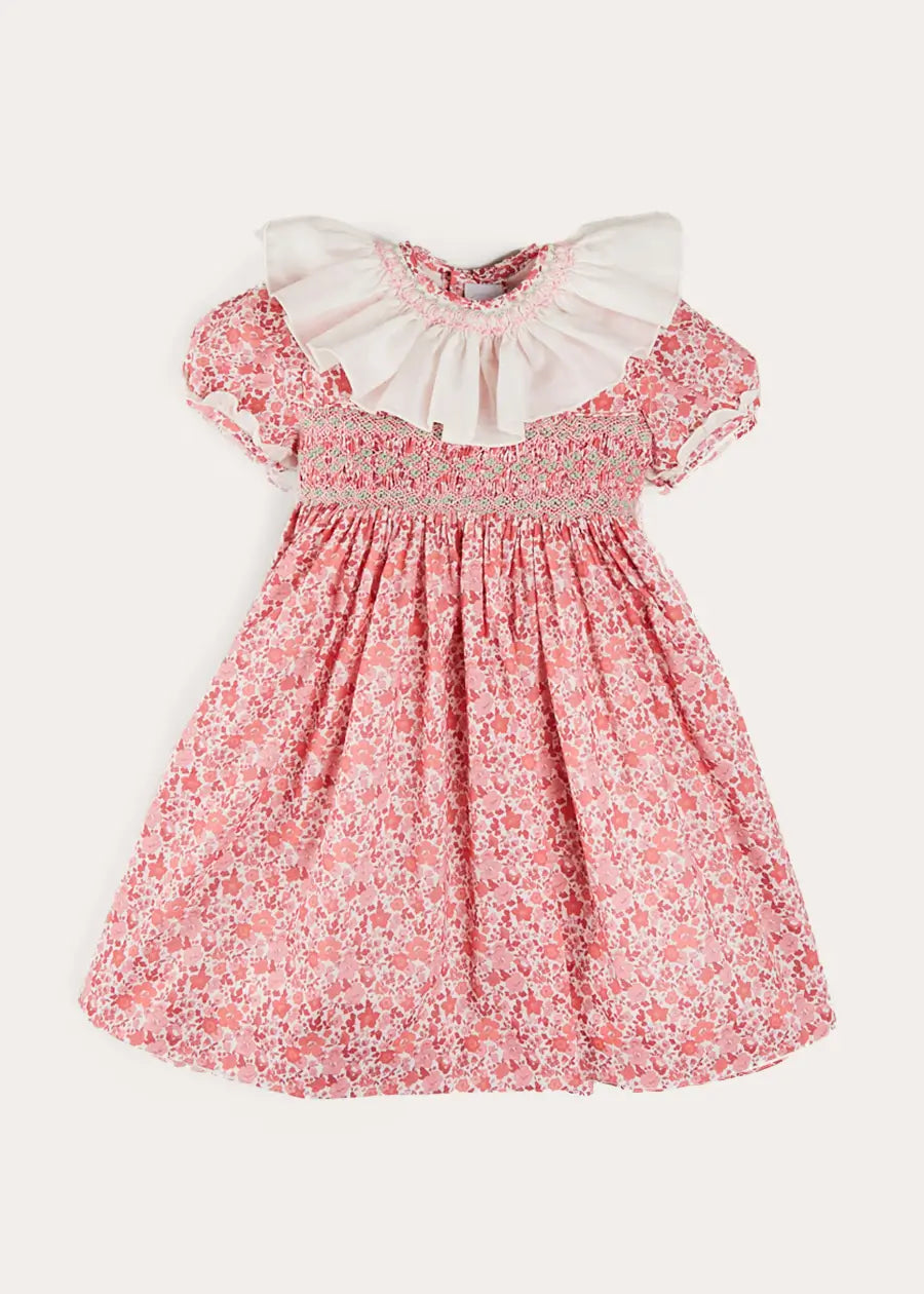 Emilia Floral Hand Smocked Ruffle Collar Short Sleeve Dress in Pink (12mths-10yrs) DRESSES from Pepa London US