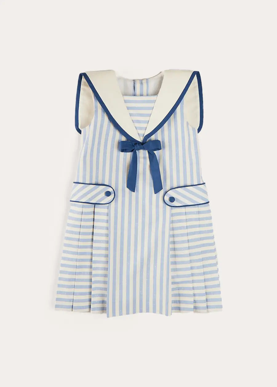 Regency Striped Mariner Collar Pleated Sleeveless Dress in Blue (2-10yrs) DRESSES from Pepa London US