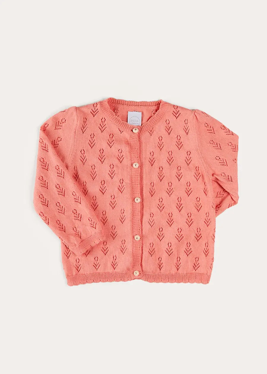 Floral Openwork Cotton Cardigan in Pink (2-10yrs) KNITWEAR from Pepa London US