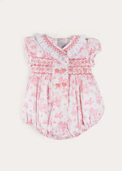 Audrey Hand Smocked Double Breasted Short Sleeve Romper in Pink (6mths-2yrs) ROMPERS from Pepa London US