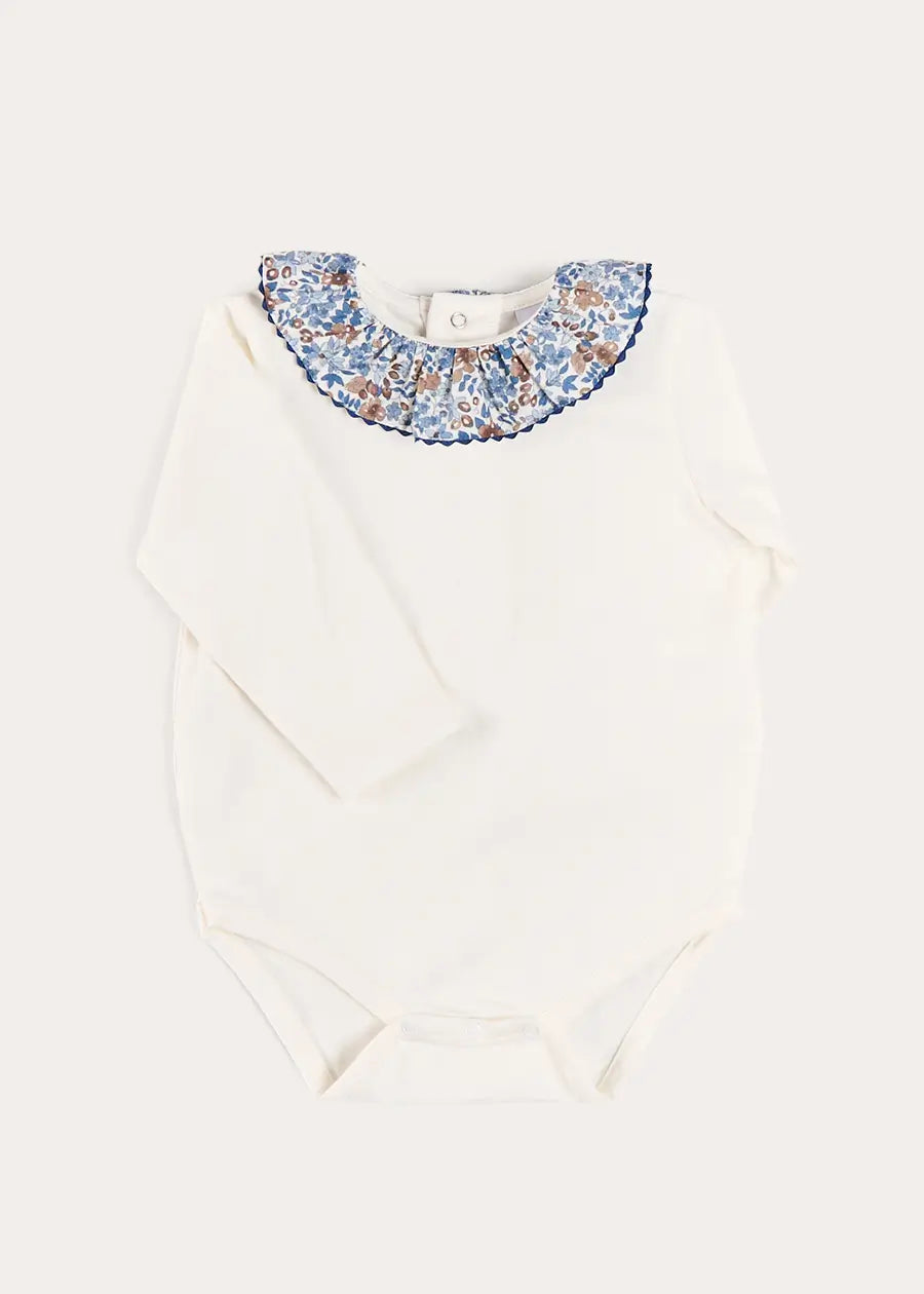 Beatrice Floral Ruffle Collar Long Sleeve Bodysuit in White (1mth-3yrs) Tops & Bodysuits from Pepa London US
