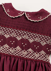Hand Smocked Peter Pan Collar Short Sleeve Dress in Burgundy (12mths-10yrs) Dresses from Pepa London US