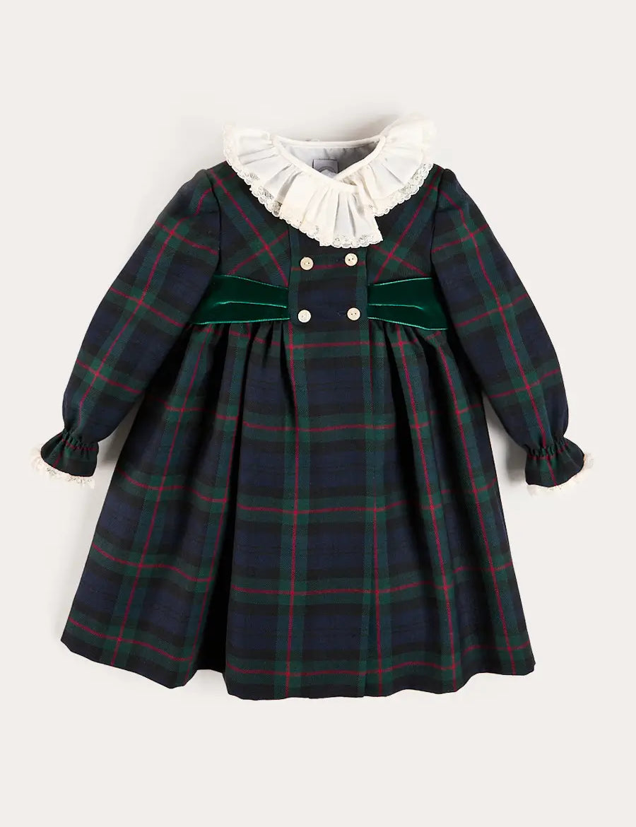 Kinnerton Tartan Double Breasted Velvet Bow Dress in Green (12mths-12yrs) Dresses from Pepa London US