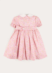 Nellie Floral Hand Smocked Embroidered Peter Pan Collar Dress in Pink (12mths-10yrs) Dresses from Pepa London US