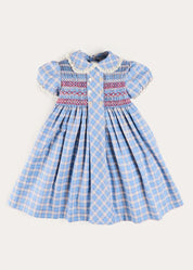 Denby Check Hand Smocked Double Breasted Short Sleeve Dress in Blue (12mths-10yrs) Dresses from Pepa London US