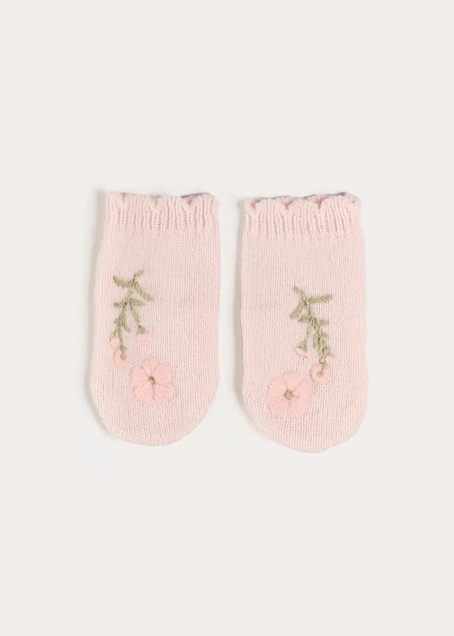 Alpaca Wool Flower Embroidered Mittens in Pink (S-L) Knitted Accessories from Pepa London US