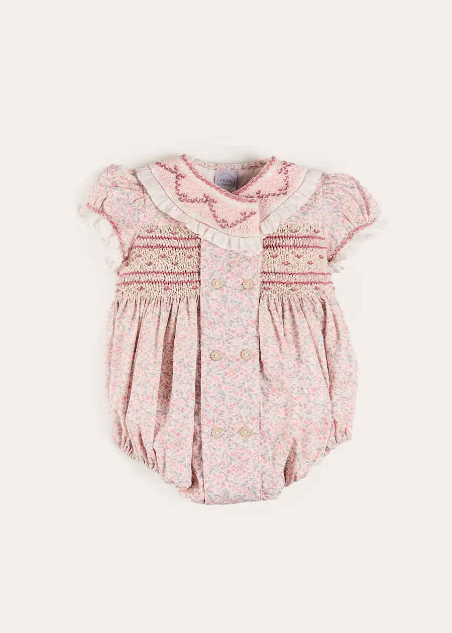 Adelaide Floral Hand Smocked Hand Smocked Romper in Pink (3mths-2yrs) Rompers from Pepa London US