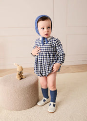 Draycott Check Peter Pan Collar Long Sleeve Romper in Blue (6mths-3yrs) Rompers from Pepa London US