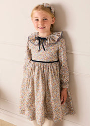 Marianne Floral Long Sleeve Velvet Bow Dress in Toffee Made with Liberty Fabric (2-12yrs) Dresses from Pepa London US