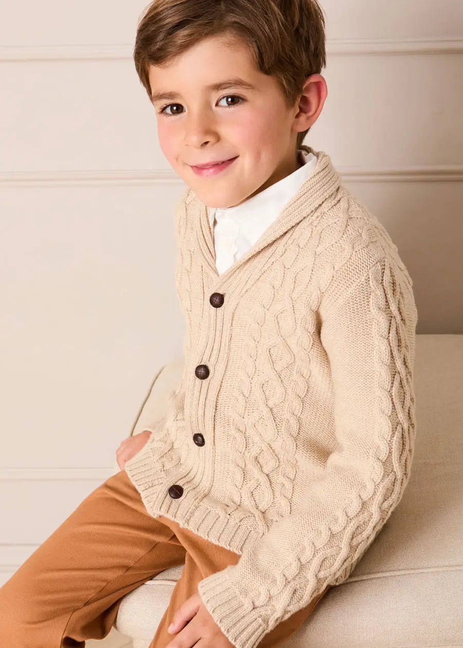 Cable Knit Shawl Neck Cardigan in Camel (2-10yrs) Knitwear from Pepa London US